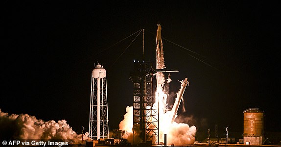 TOPSHOT - A SpaceX Falcon 9 rocket with the Crew Dragon Resilience capsule, carrying the crew of the Polaris Dawn Mission, lifts off from Launch Complex 39A at Kennedy Space Center in Cape Canaveral, Florida, on September 10, 2024. (Photo by CHANDAN KHANNA / AFP) (Photo by CHANDAN KHANNA/AFP via Getty Images)