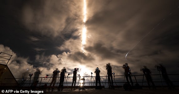 TOPSHOT - A SpaceX Falcon 9 rocket with the Crew Dragon Resilience capsule, carrying the crew of the Polaris Dawn Mission, lifts off from Launch Complex 39A at Kennedy Space Center in Cape Canaveral, Florida, on September 10, 2024. (Photo by CHANDAN KHANNA / AFP) (Photo by CHANDAN KHANNA/AFP via Getty Images)