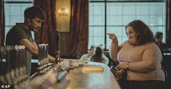 This image released by Netflix shows Richard Gadd, left, and Jessica Gunning in a scene from "Baby Reindeer." (Ed Miller/Netflix via AP)