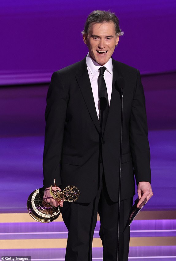 LOS ANGELES, CALIFORNIA - SEPTEMBER 15: Billy Crudup accepts the Outstanding Supporting Actor in a Drama Series award for "The Morning Show" onstage during the 76th Primetime Emmy Awards at Peacock Theater on September 15, 2024 in Los Angeles, California.  (Photo by Kevin Winter/Getty Images)