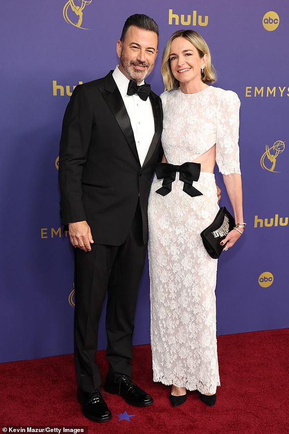 LOS ANGELES, CALIFORNIA - SEPTEMBER 15: (L-R) Jimmy Kimmel and Molly McNearney attend the 76th Primetime Emmy Awards at Peacock Theater on September 15, 2024 in Los Angeles, California. (Photo by Kevin Mazur/Getty Images)