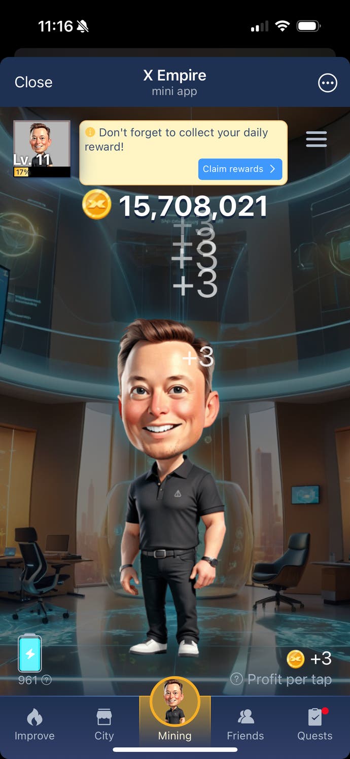 A bobblehead man who looks like Elon Musk stands in the centre of a tapping screen in X Empire.