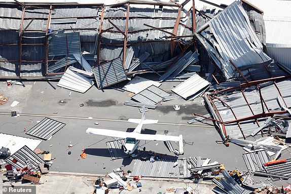 An aerial view shows the damaged Albert Whitted Airport, in the aftermath of Hurricane Milton, in St. Petersburg, Florida U.S., October 10, 2024. REUTERS/Marco Bello