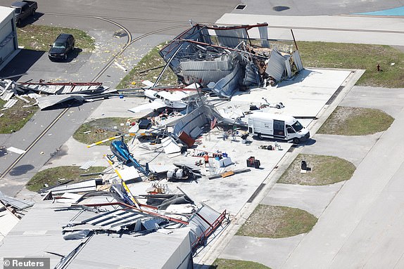 An aerial view shows the damaged Albert Whitted Airport, in the aftermath of Hurricane Milton, in St. Petersburg, Florida U.S., October 10, 2024. REUTERS/Marco Bello