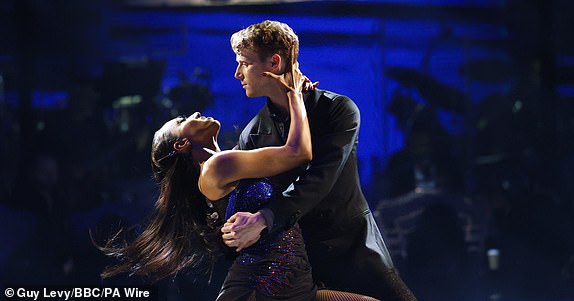 For use in UK, Ireland or Benelux countries only BBC handout photo of Michelle Tsiakkas and Jamie Borthwick during the live show on Saturday for BBC1's Strictly Come Dancing. Picture date: Saturday November 9, 2024. PA Photo. See PA story SHOWBIZ Strictly. Photo credit should read: Guy Levy/BBC/PA WireNOTE TO EDITORS: Not for use more than 21 days after issue. You may use this picture without charge only for the purpose of publicising or reporting on current BBC programming, personnel or other BBC output or activity within 21 days of issue. Any use after that time MUST be cleared through BBC Picture Publicity. Please credit the image to the BBC and any named photographer or independent programme maker, as described in the caption.